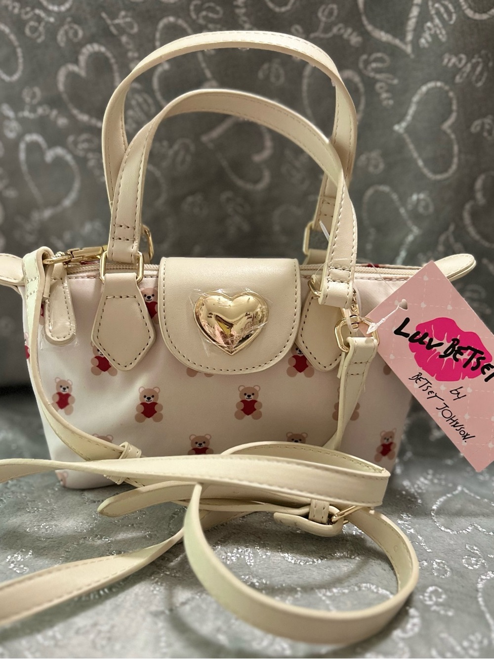 ÑWT LOVE BETSEY By Betsey Johnson, Mini, Cream Colored Satchel w/Red Teddy Print